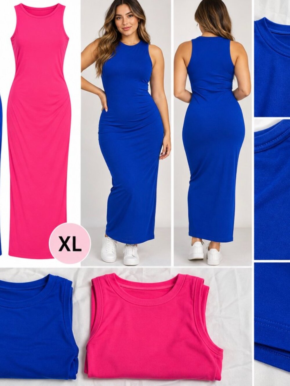 Women’s XL Blue Pink Color Block Sleeveless Bodycon Midi Dress Stretchy